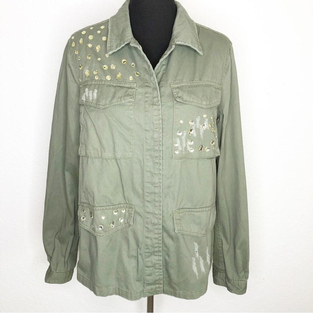 Jean Pascale army green distressed studded snap front shacket size 40 or US 10